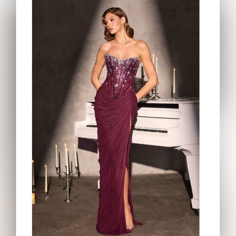 Strapless Crystal-Embellished Burgundy Evening Dress CD407 - Picture 2 of 7